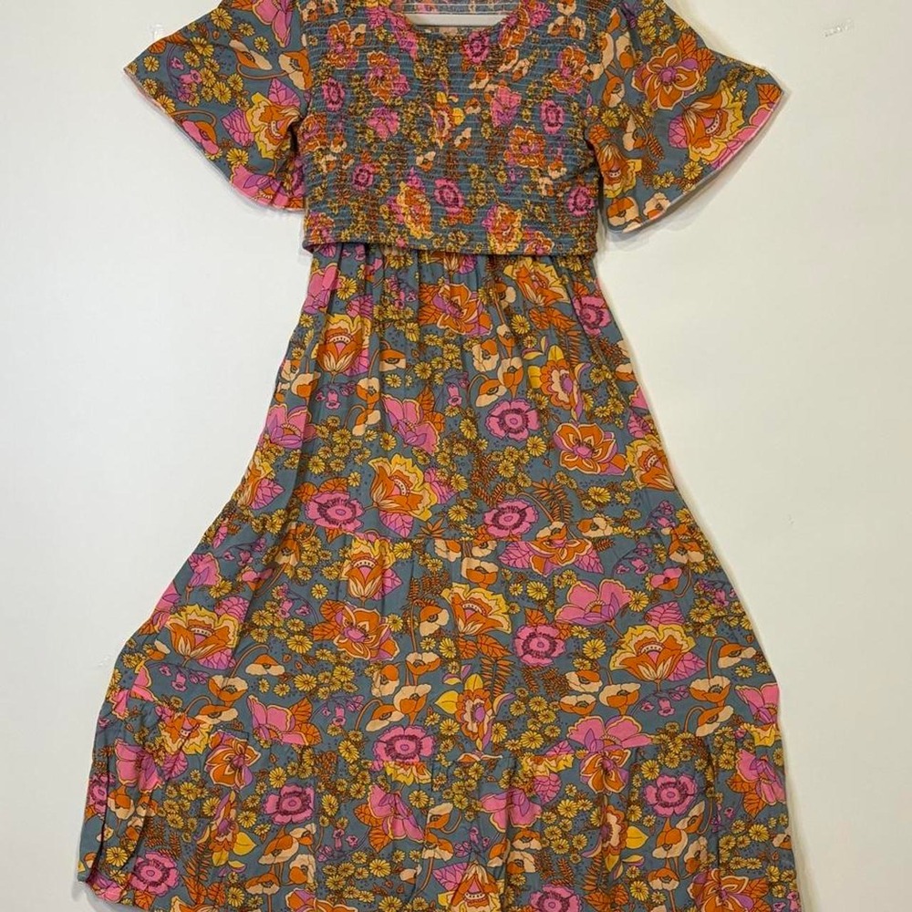 Vintage inspired 70s Floral Maxi Dress Smocked Bodice Small Cottagecore CzzzyL